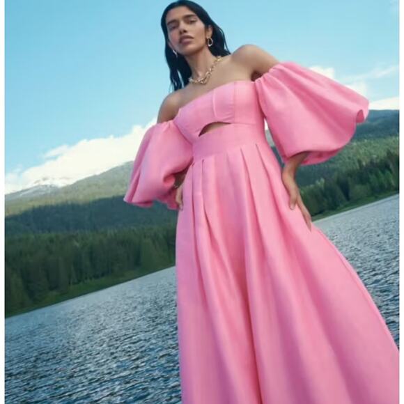 Aje. Dresses & Skirts - Aje. AJE‎ Eugenie Off Shoulder Fitted bodice Puff Sleeves Midi Dress Pink Size 4
